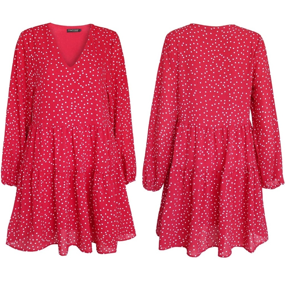 Women’s Cute Shift Dress with Pockets Bell Sleeve Ruffle Hem V Neck Loose Swing